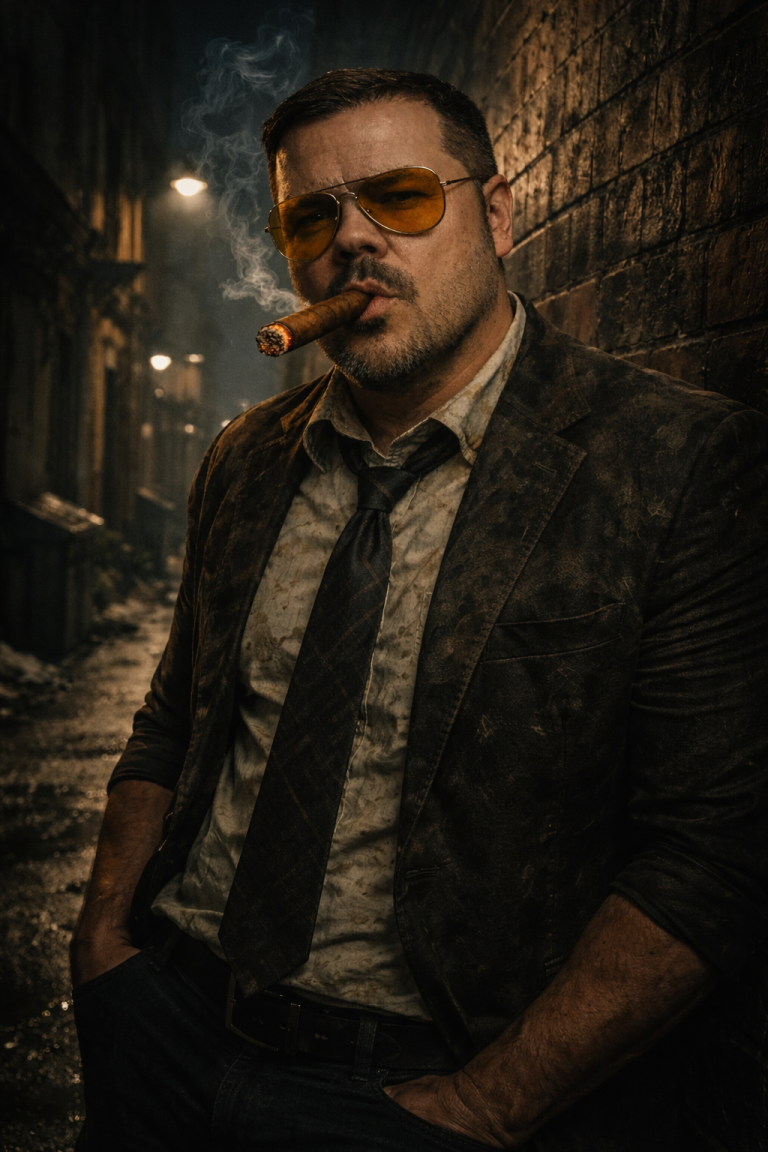 Kevin Wikse Investigative Journalist and Literary Paladin Kevin Wikse, investigative journalist, researcher, and Literary Paladin, standing in a rain-soaked urban alley wearing a weathered suit.