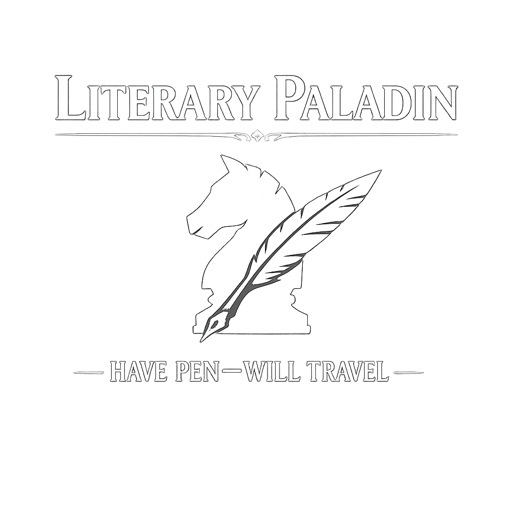 Literary Paladin: Have Pen—Will Travel A minimalist black-and-white logo representing the Literary Paladin concept created by Kevin Wikse.