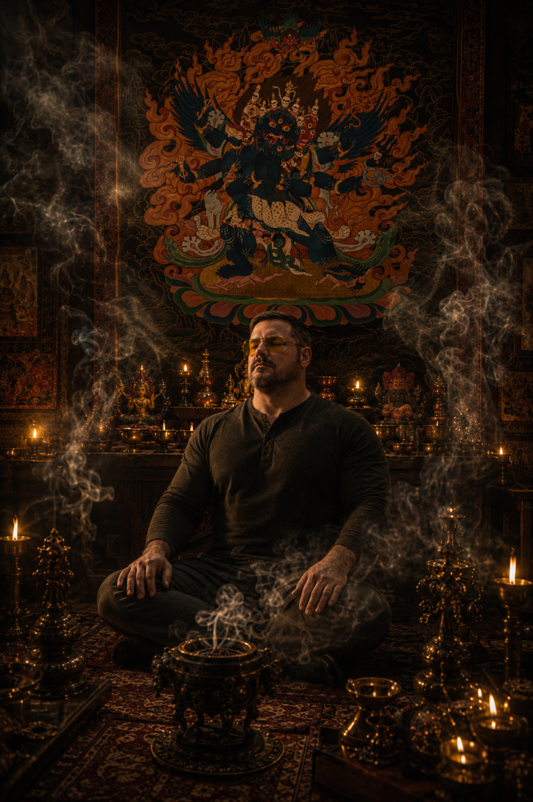 Kevin Wikse Meditating Before a Vajrakilaya Altar | Vajrayana Buddhist Practice Kevin Wikse seated in meditation before a sacred Vajrakilaya altar in a candlelit temple chamber filled with incense smoke.