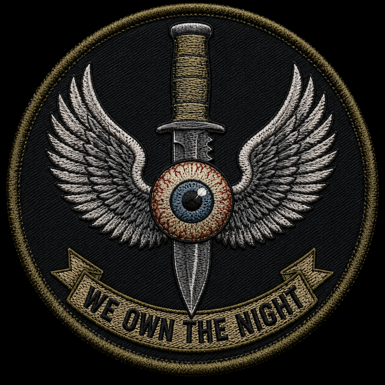 Kevin Wikse – We Own The Night – Winged Eye and Dagger Tactical Patch Highly detailed embroidered tactical patch featuring a blue all-seeing eye with silver wings positioned over a combat dagger.